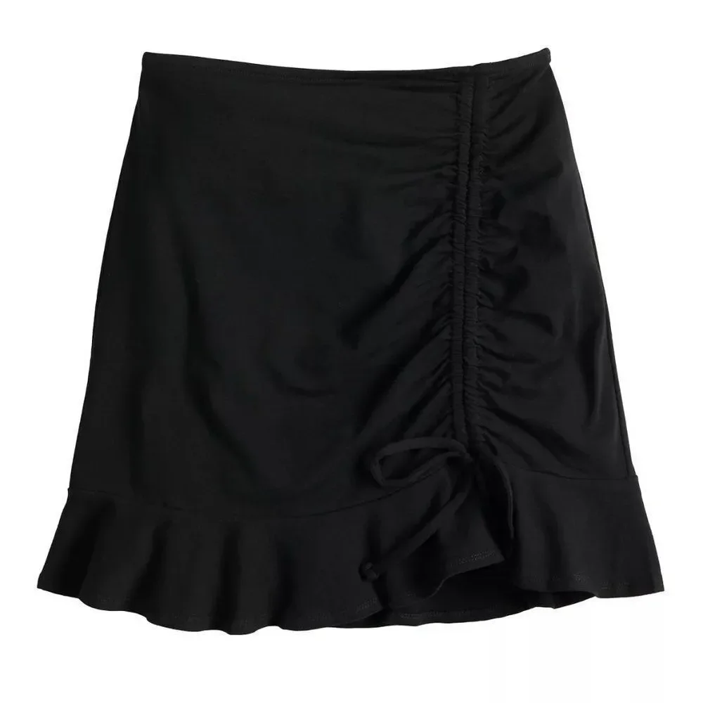 Juniors Ruched Flounce Black Skirt Coverup Size XS New‎